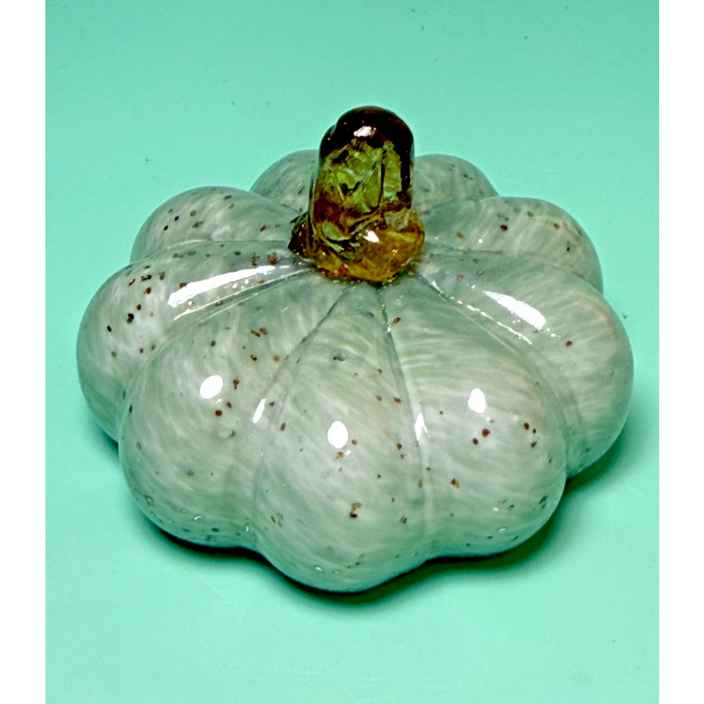 Trio Handblown Art Glass Pumpkins Pastel Pistachio Green Swirl Gold Flecks Stems - Picture 6 of 7